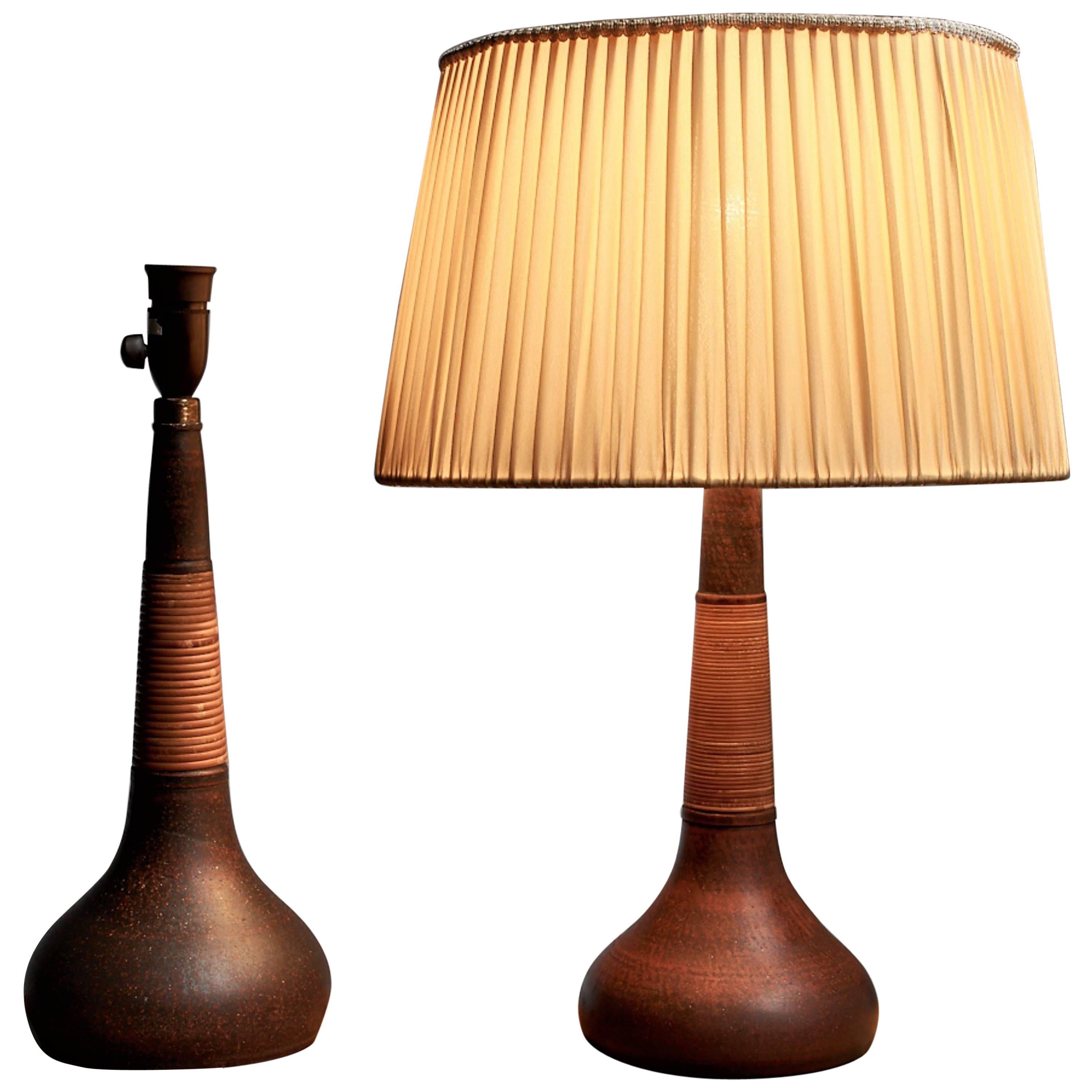 Pair of Brown Ceramic and Rattan Table Lamps by Kähler, Denmark For Sale