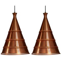 Knud Hjerting Pair of Model p208 Copper Pendants for Lyfa, Denmark, 1960s 5