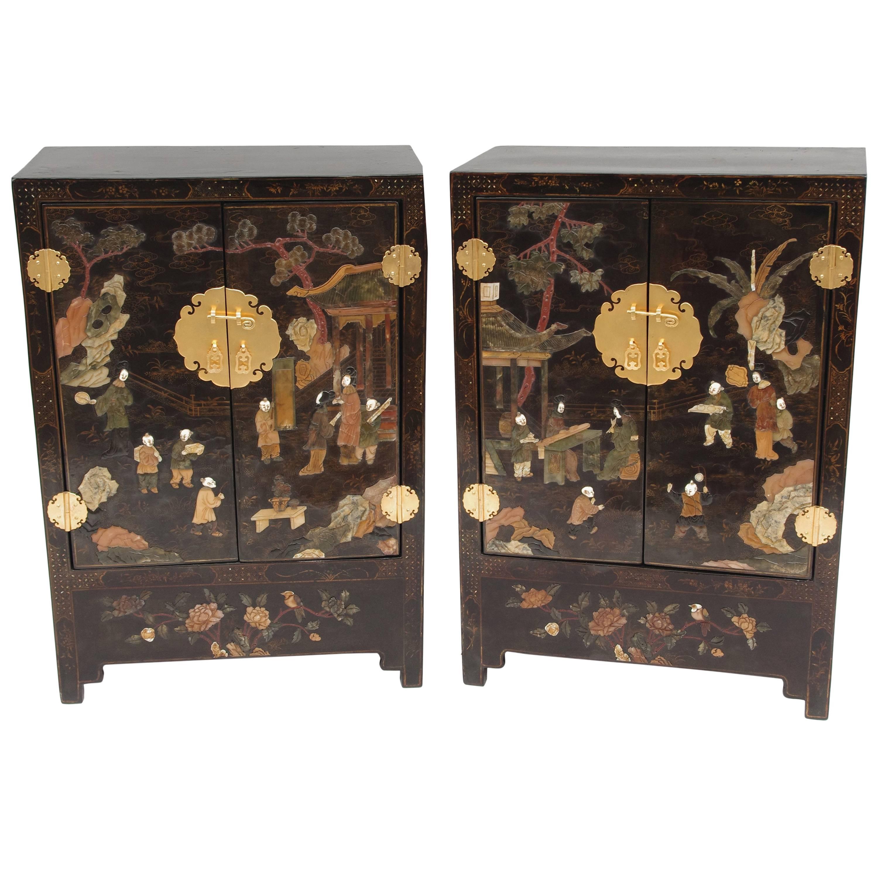 Pair of Lacquered Nightstands with Hard Stones Inlays, circa 1900
