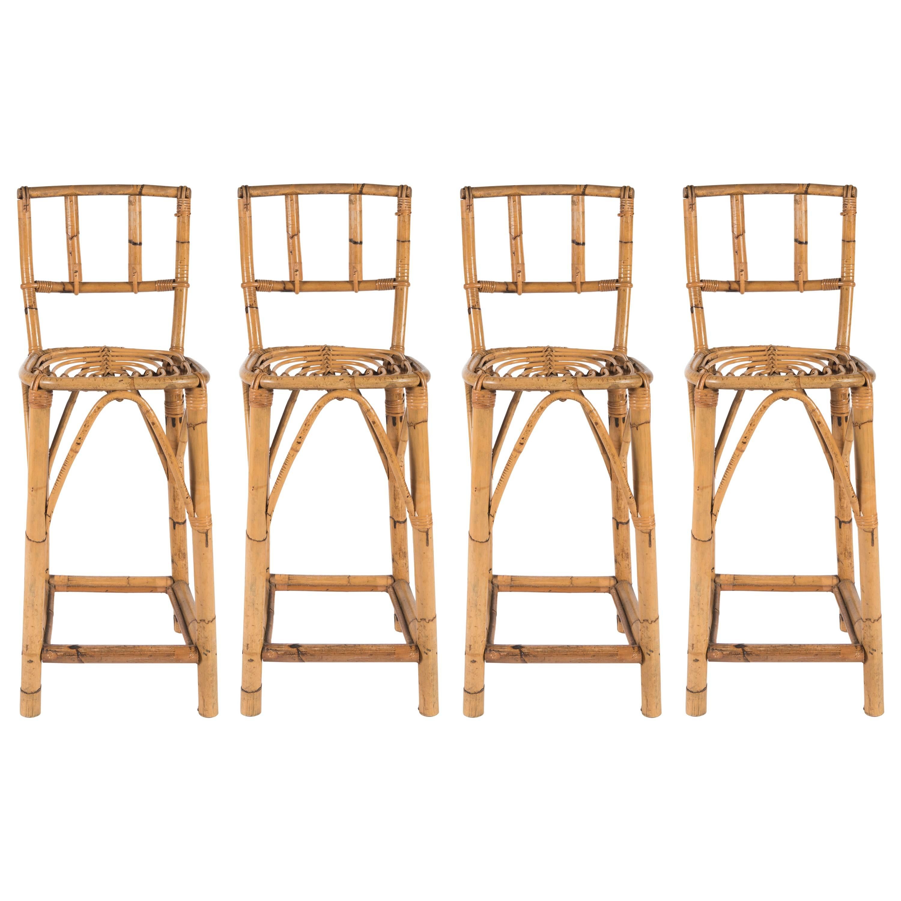 Set of Four Mid-Century Rattan Counter Stools