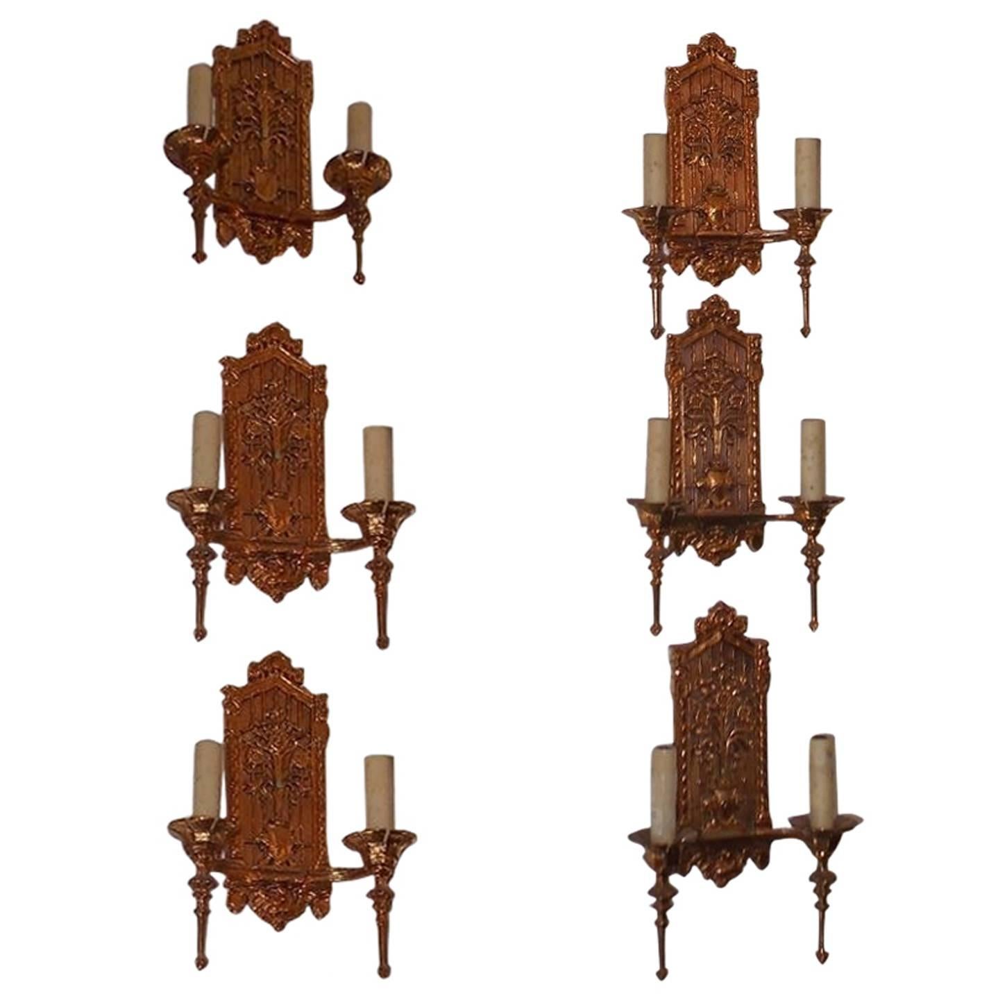 Set of Six English Bronze Coat of Arms and Floral Motif Sconces, Circa 1830 For Sale