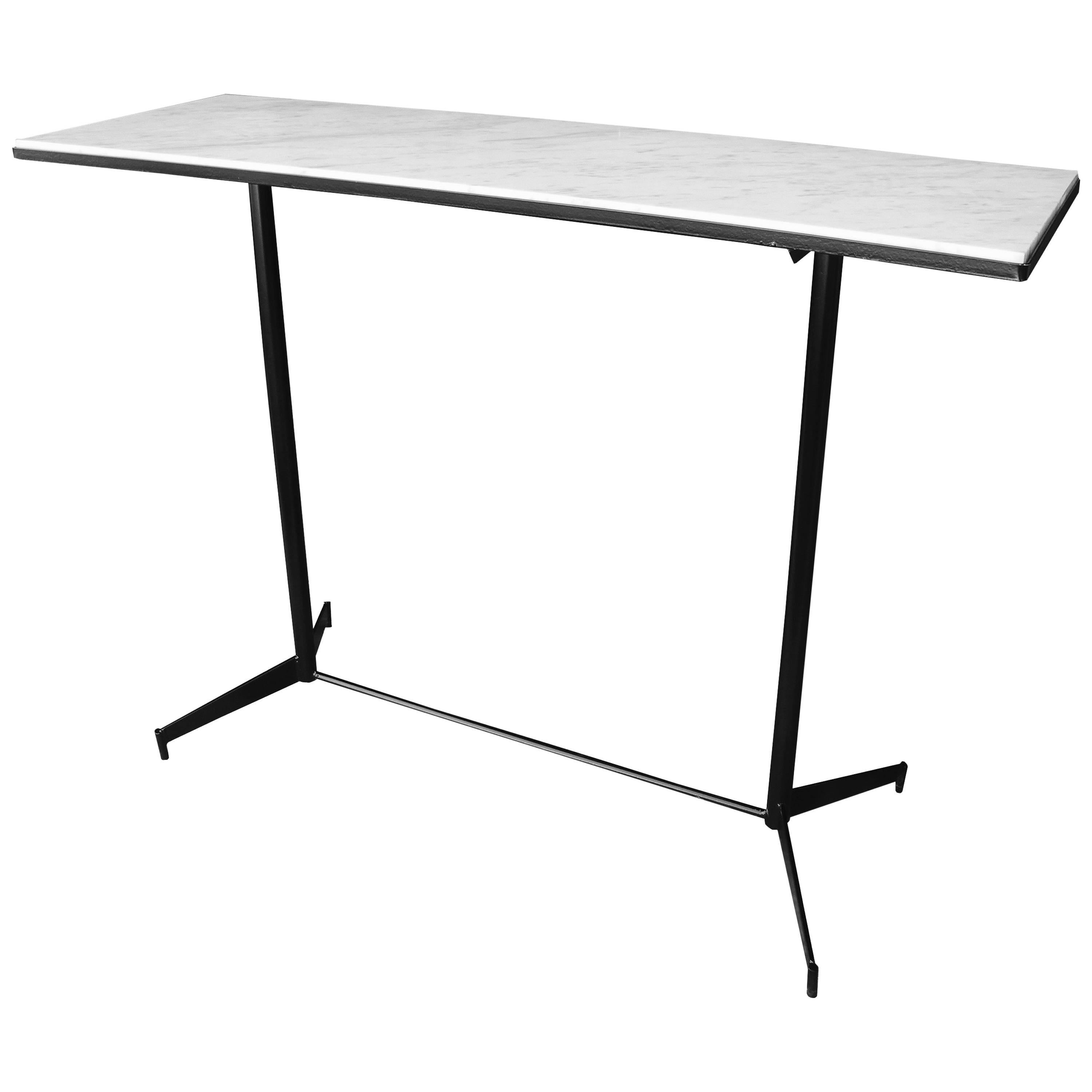 Mid-Century Modern Industrial Carrara Marble Top and Steel Frame Console/Bar For Sale