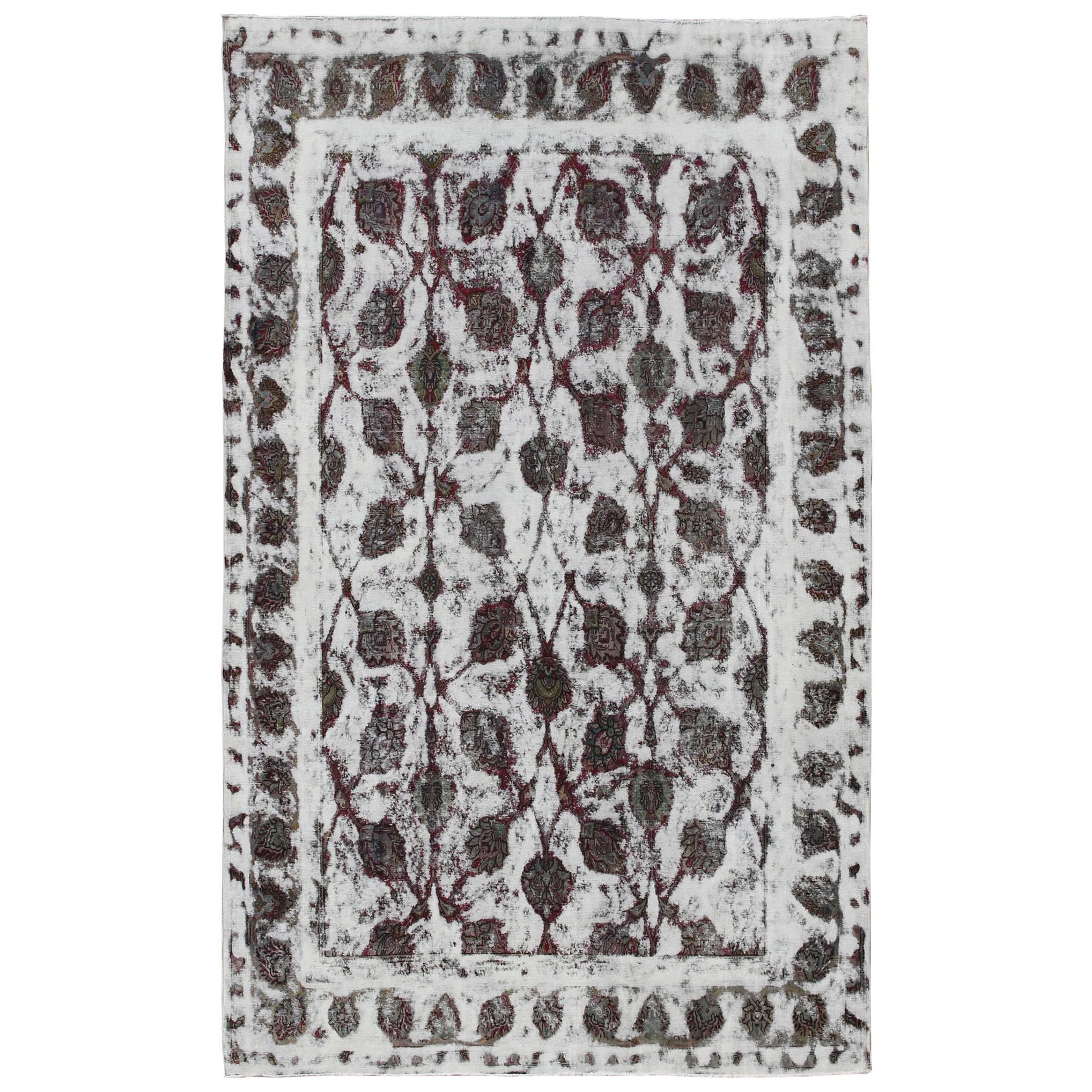 Distressed Vintage Persian Rug with Repeating Vines Pattern For Sale