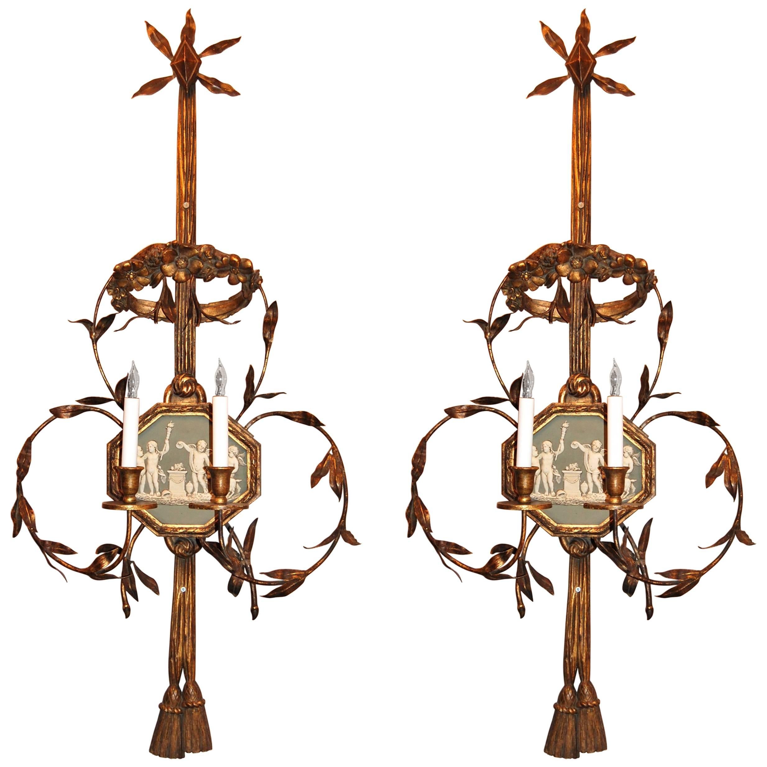 Pair of 19th Century English Wall Sconces with Wedgewood Bisque Plaques For Sale