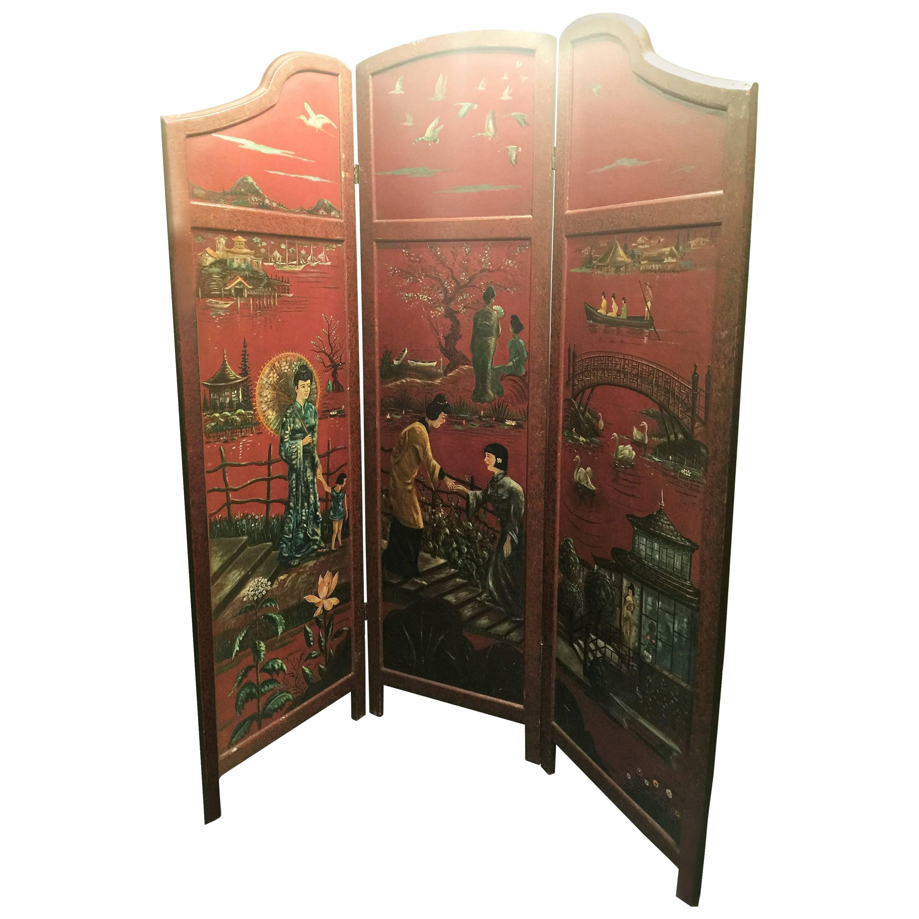 Wonderful 1940s Decorative Double Sided Painted Scenic Wooden Room Screen For Sale