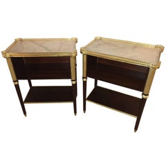 Pair of Jansen Louis XVI Fashioned Marble-Top Mahogany End or Bedside Tables