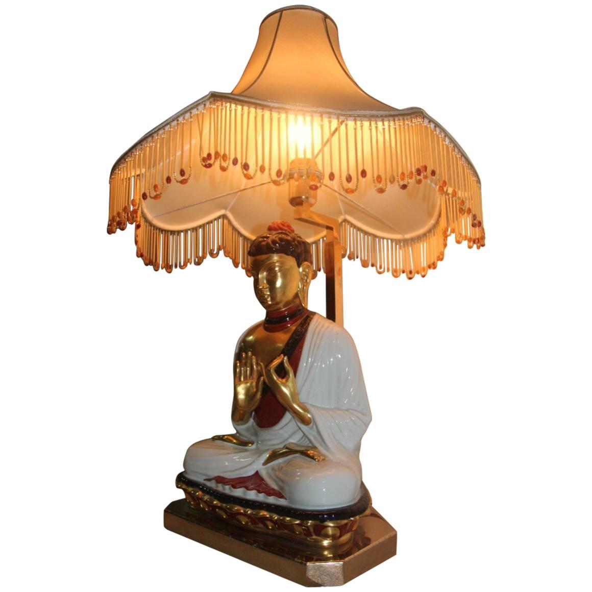 Lamp With Buddha Italian Design Porcelain, 1970 Fabric Dome Gold  For Sale