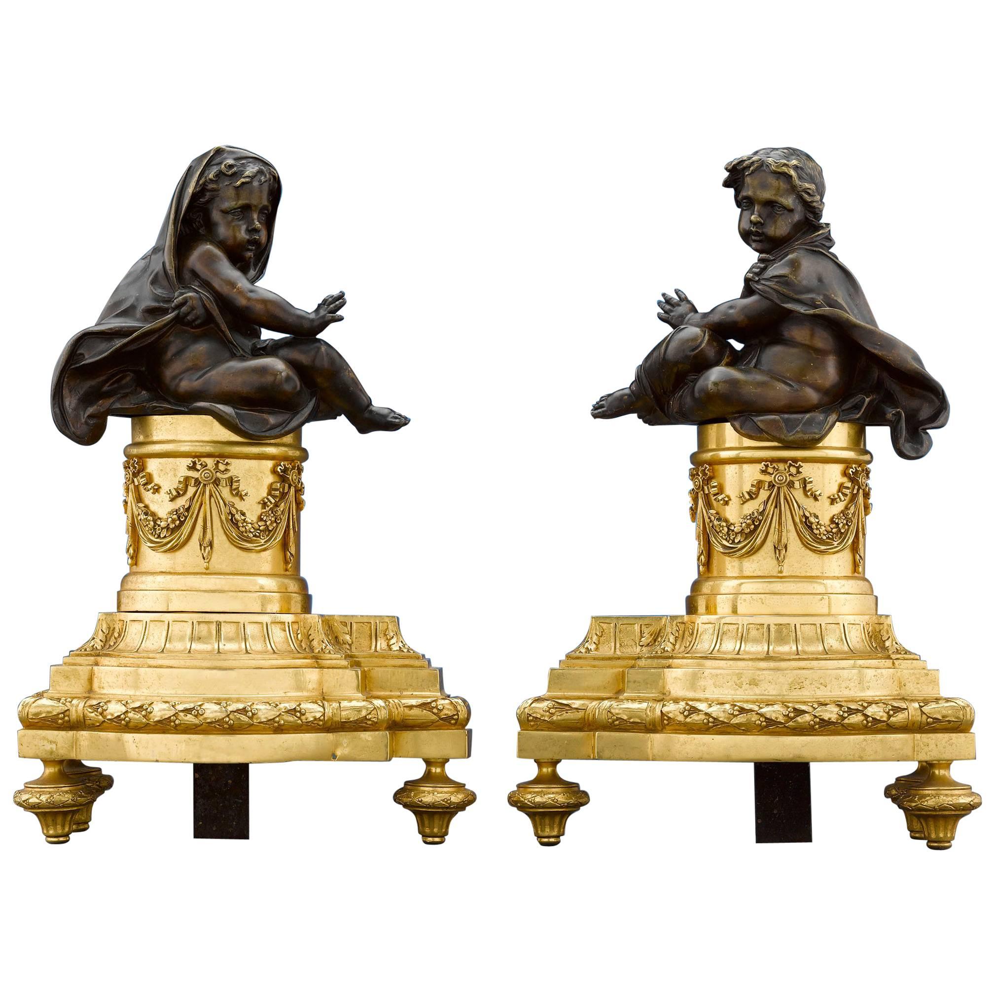 Chenets français de style Louis XVI en bronze en vente