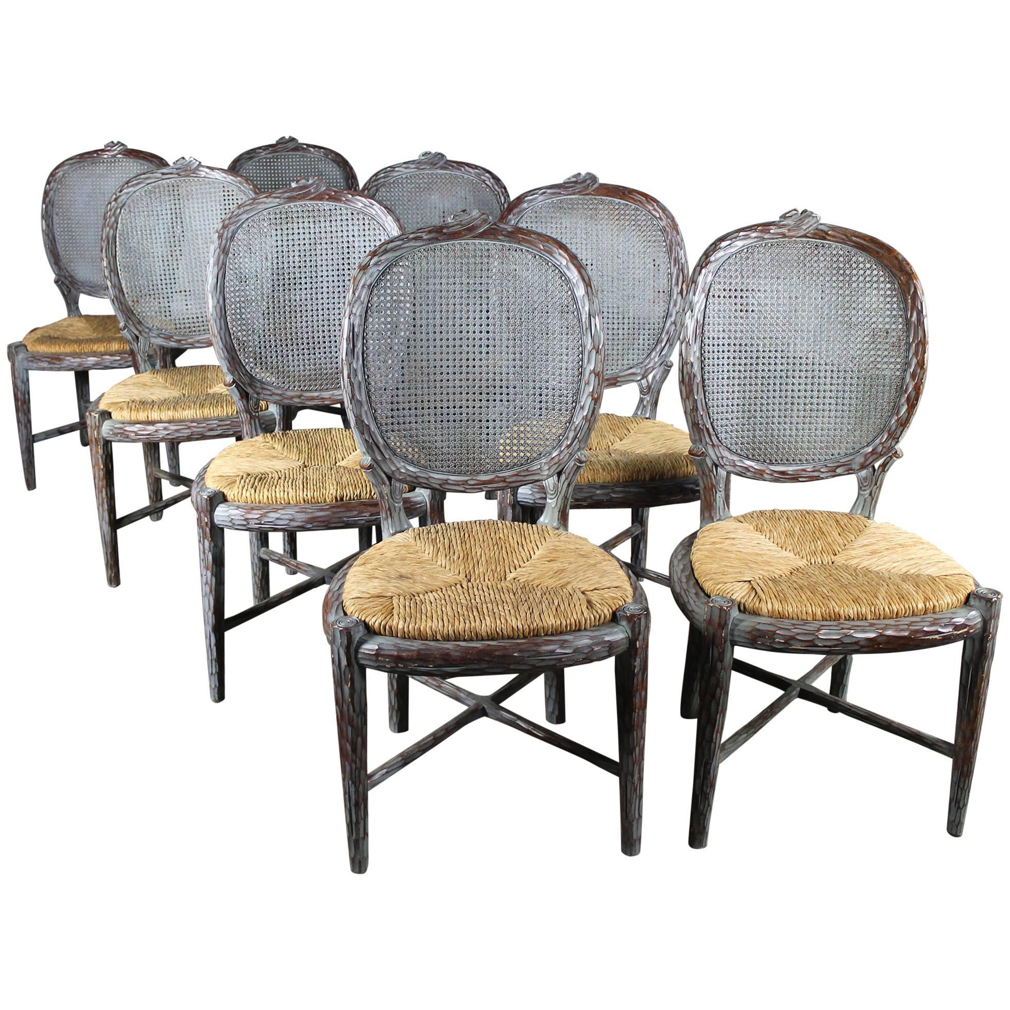Vintage Faux Bois Carved Twig Dining Chairs with Caned Backs and Rush Seats