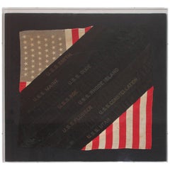 Framed Hand Sewn Patriotic Sham Made from a Flag and Ship Ribbons
