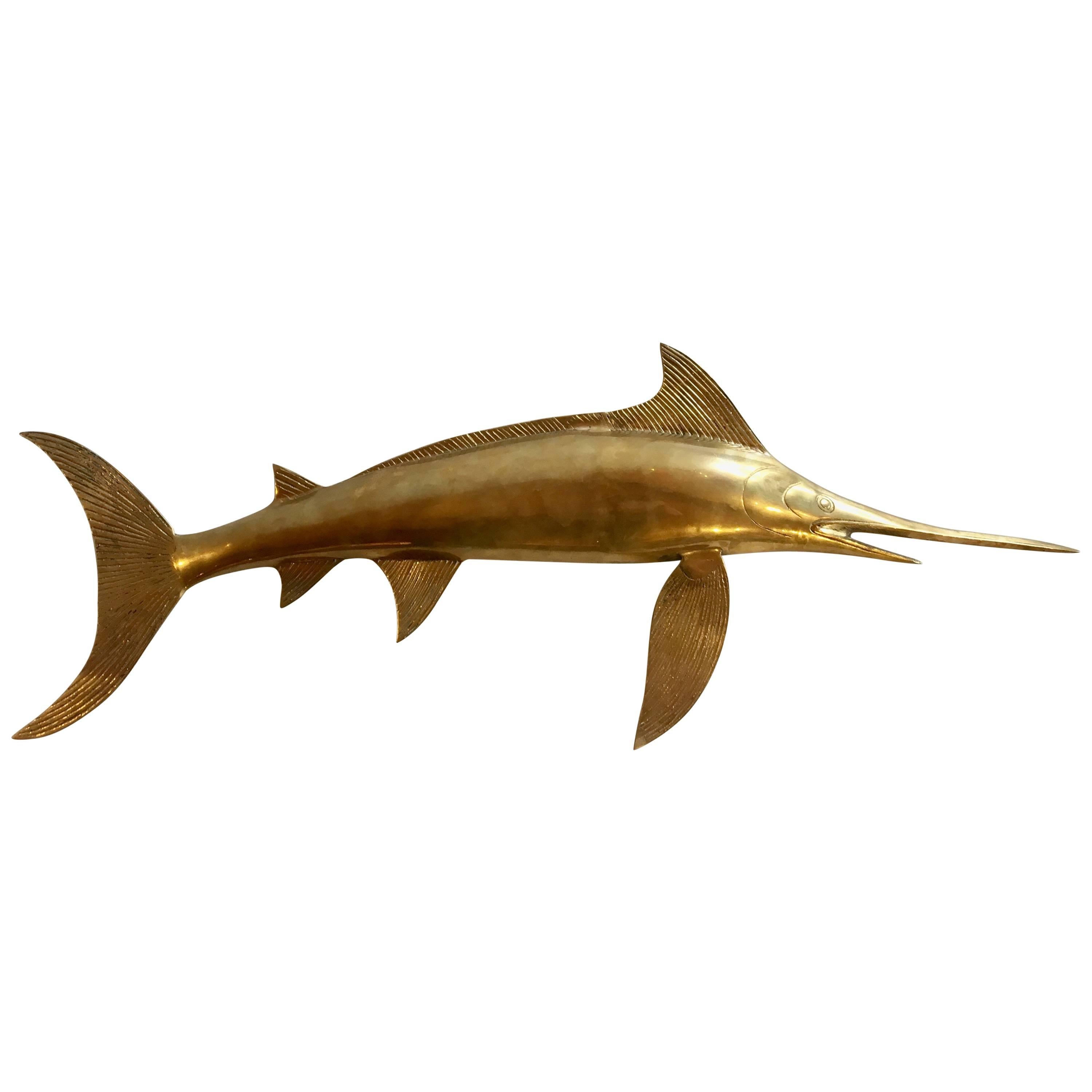 Hollywood Regency Solid Polished Brass Sailfish Wall Sculpture