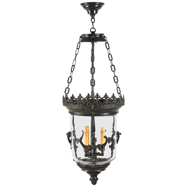 American Gothic Revival Gilt Bronze Dragon Chandelier In The Gothic Revival Style Bronze Griffin Dragon Bell Jar Lantern