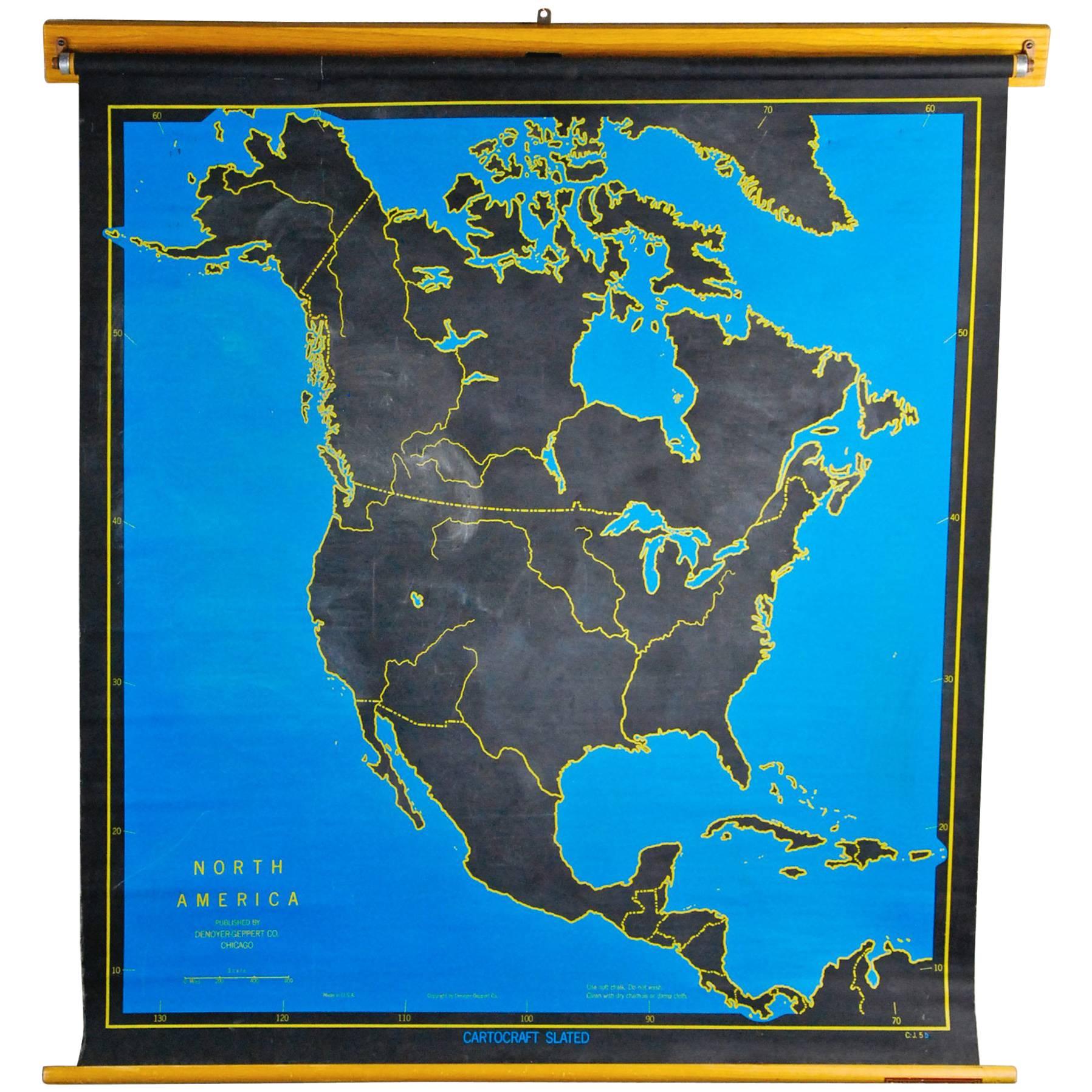 1960 Vintage Pull Down Cartography Chalkboard Map of North America