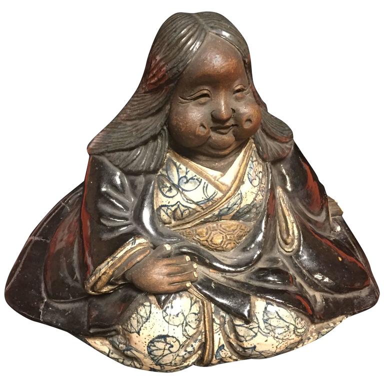 Japanese Large Antique Folk Art Lady Okame Sculpture by Master "Kenzan