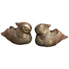 Japanisches Paar antike:: handgegossene Mandarinenten-Räuchergefäße aus Bronze:: neuwertig und verpackt