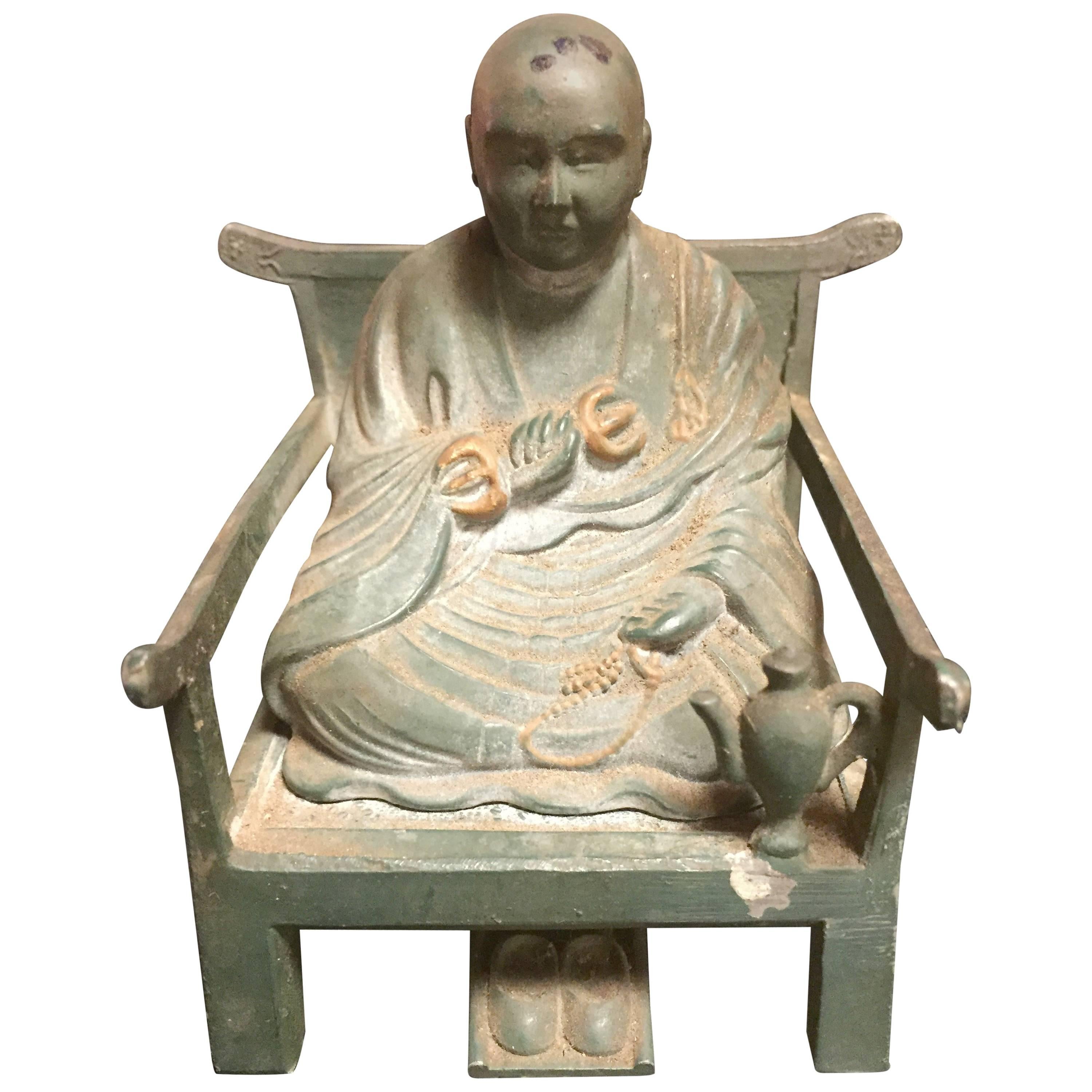 Old Japanese Bronze Kobo Daishi on Chair True Word School Buddhism
