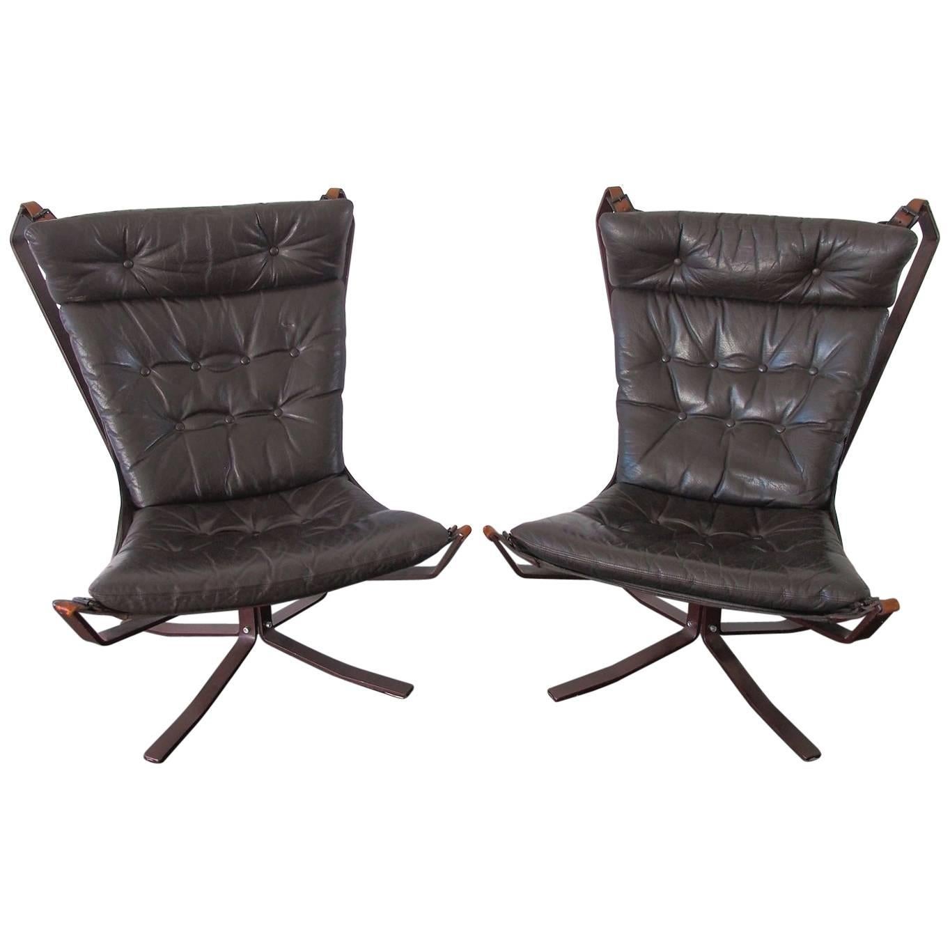 Pair of Sigurd Ressel Leather and Steel Falcon Chairs
