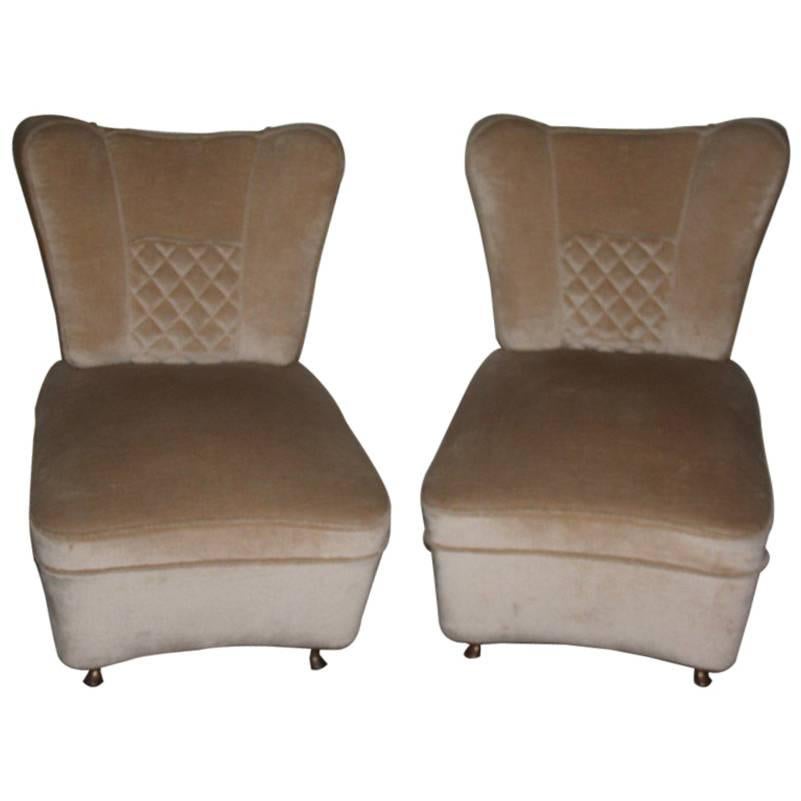 Pair of Small Armchairs in Velvet and Brass Attributed Guglielmo Ulrich