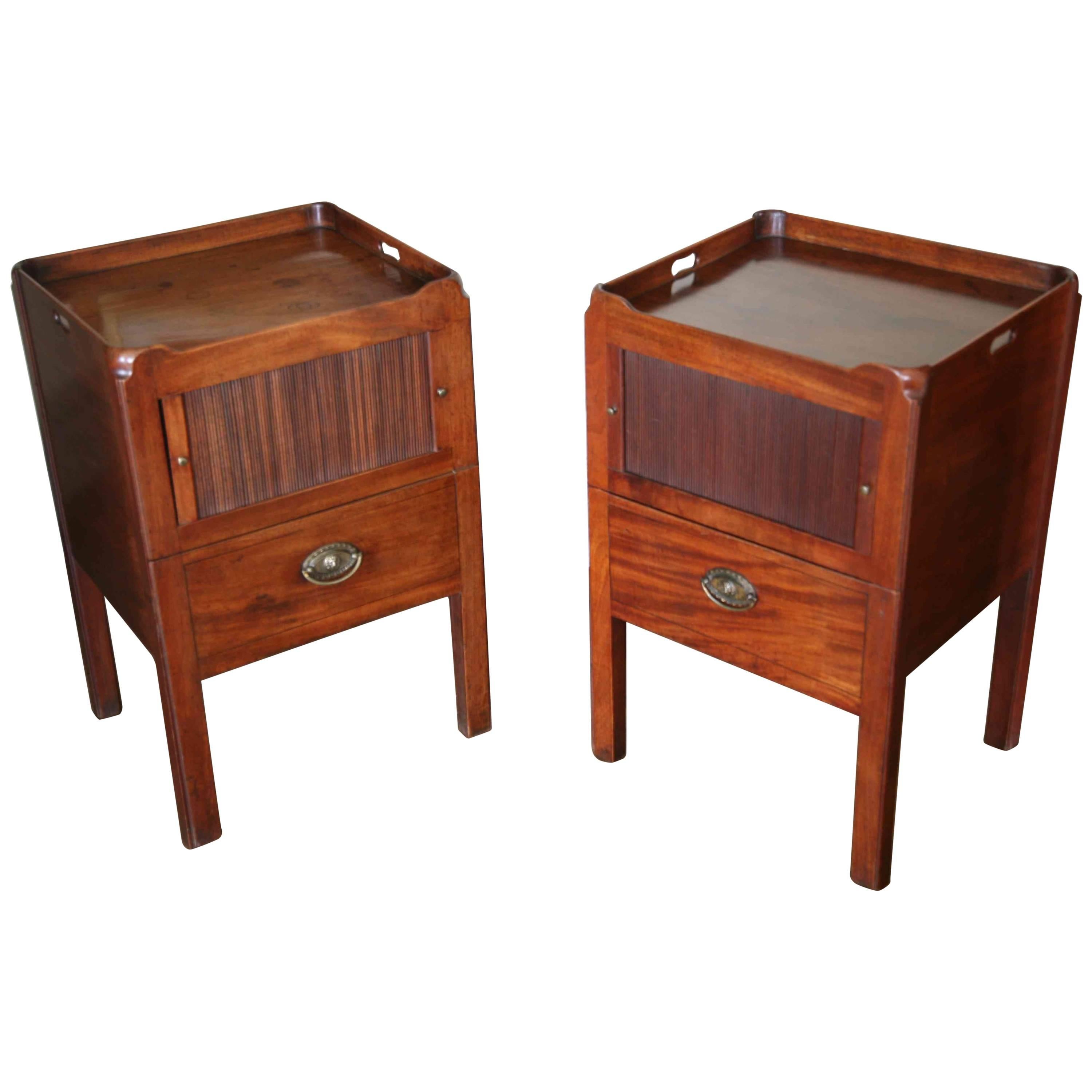 Pair of George III Mahogany Tambour Fronted Tray Top Bedside Cupboards Commodes For Sale