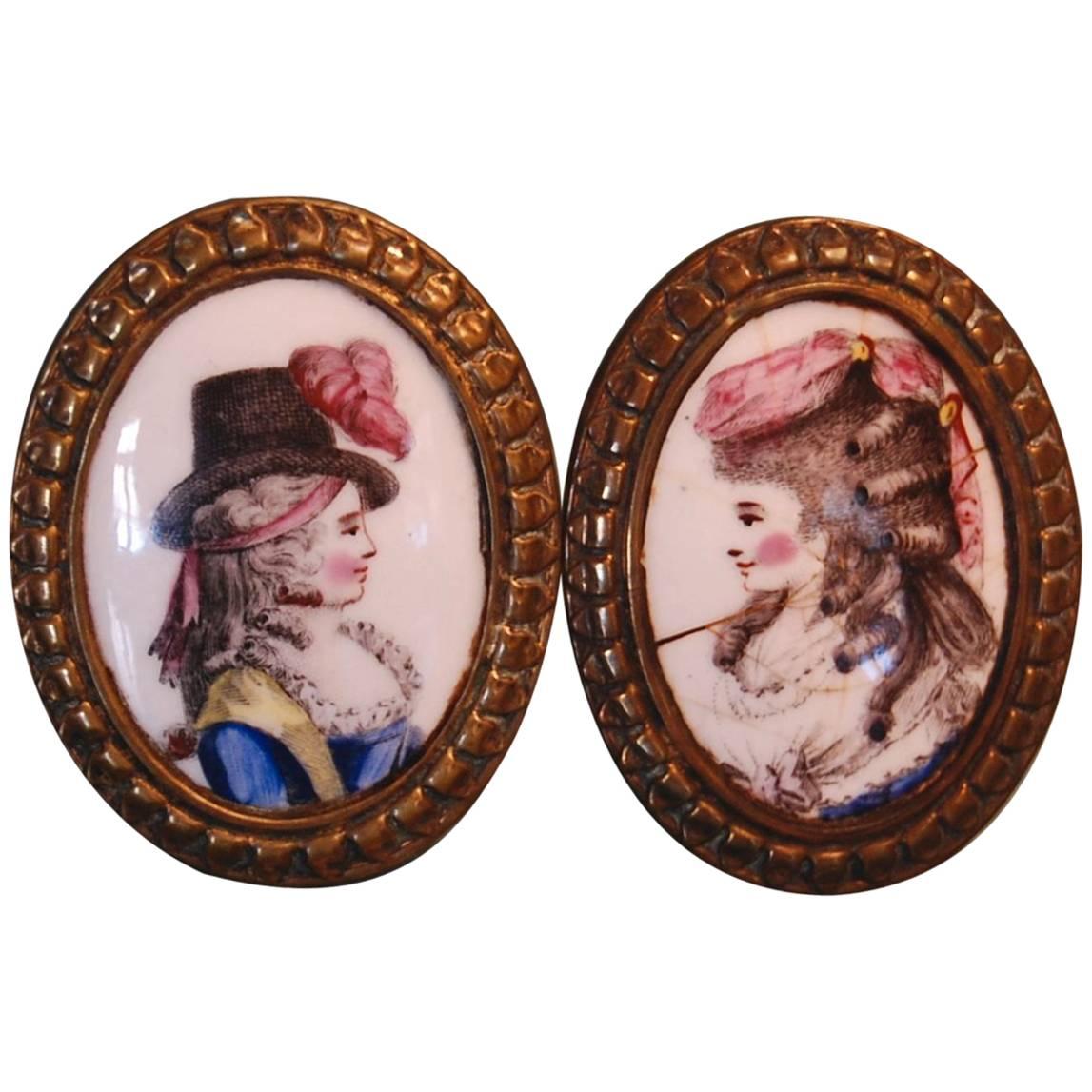 Late 18th Century Pair of English Battersea Enameled Tiebacks For Sale