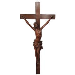 Mid-19th Century French Hand-Carved Walnut Crucifix
