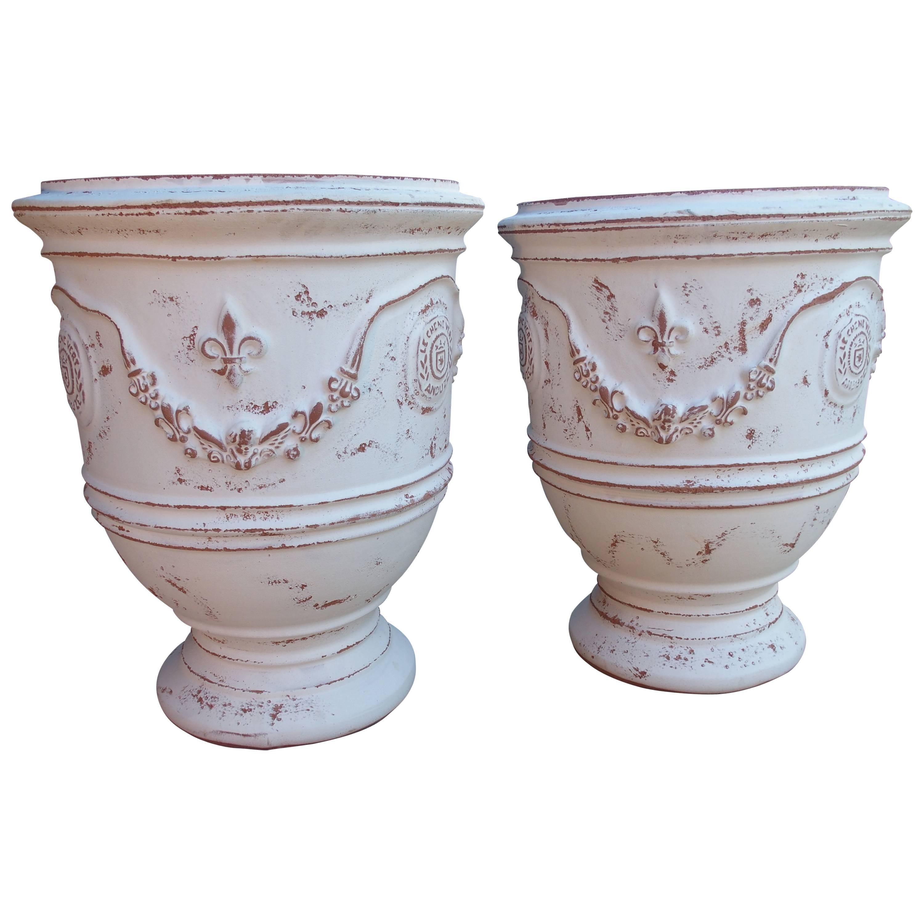 Pair of White Painted and Distressed Anduze Pots, France