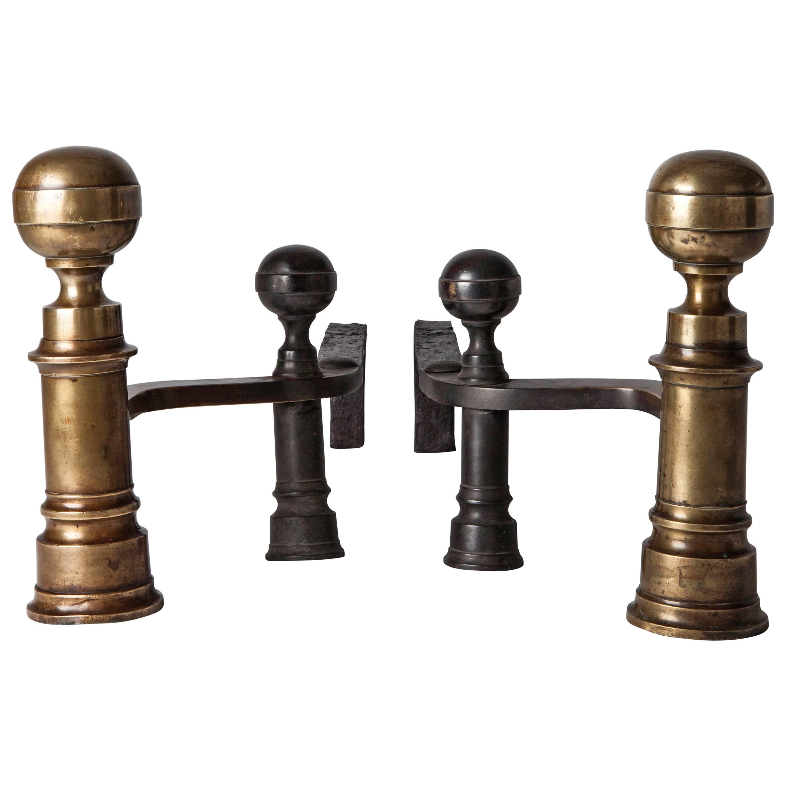 Antique Brass Hunneman Andirons with Tapered Bodies and Ball Finials, Circa 1880 For Sale