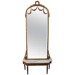 Tall Louis XVI Style Gold Leaf Beveled Mirror and Bench, circa 1930s