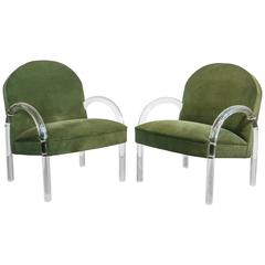 Pair of Pace Collection Lucite Club Chairs in Green Velvet