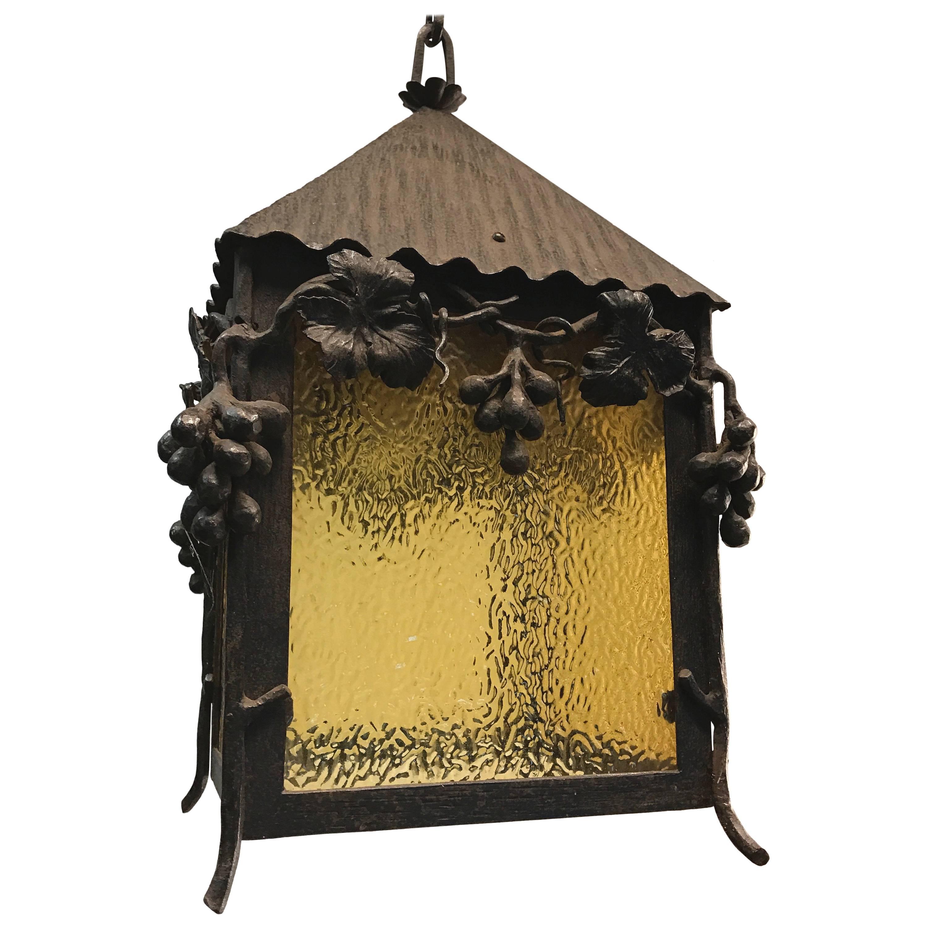 Unique Art Nouveau Wrougt Iron Pendant Light Porch Lantern by Alberic Plettinck
