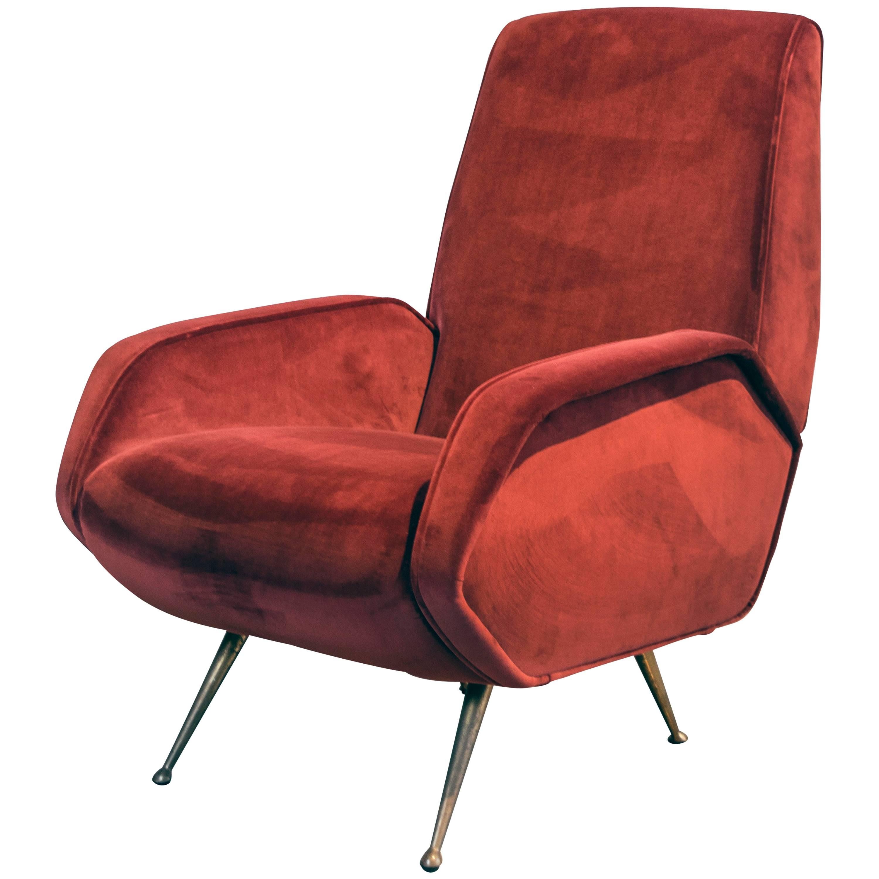 Italian Mid-Century Lounge Chair with Brass Legs by Arflex