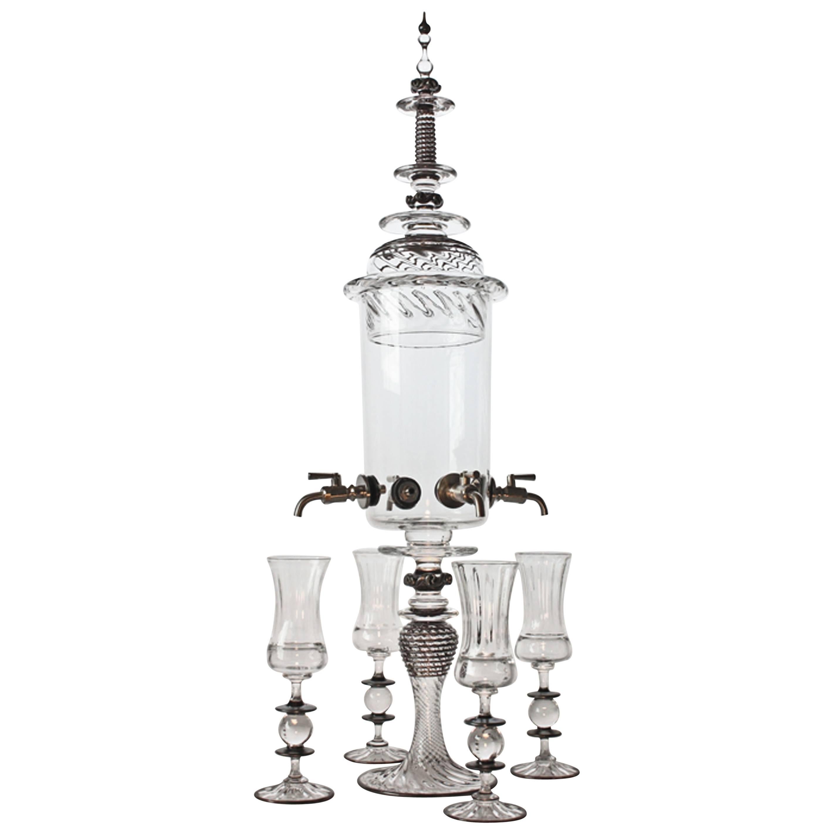 Contemporary Absinthe Fountain with Black Details and Four Spigots Glass Set
