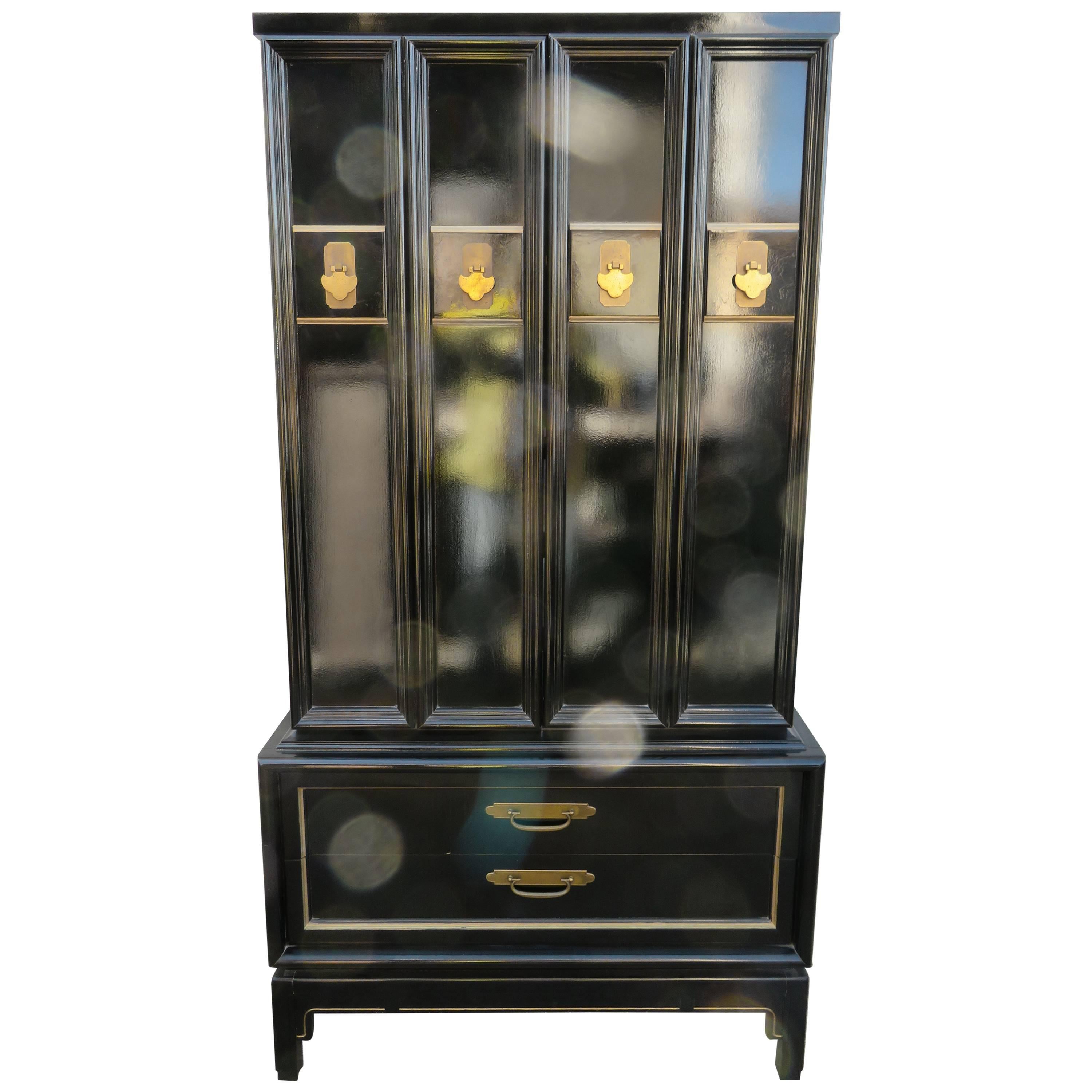Stunning Chinoiserie Style Lacquered Tall Dresser Cabinet Mid-Century Modern