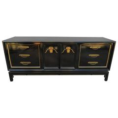 Stunning Chinoiserie Style Black Lacquered Credenza Hollywood Regency