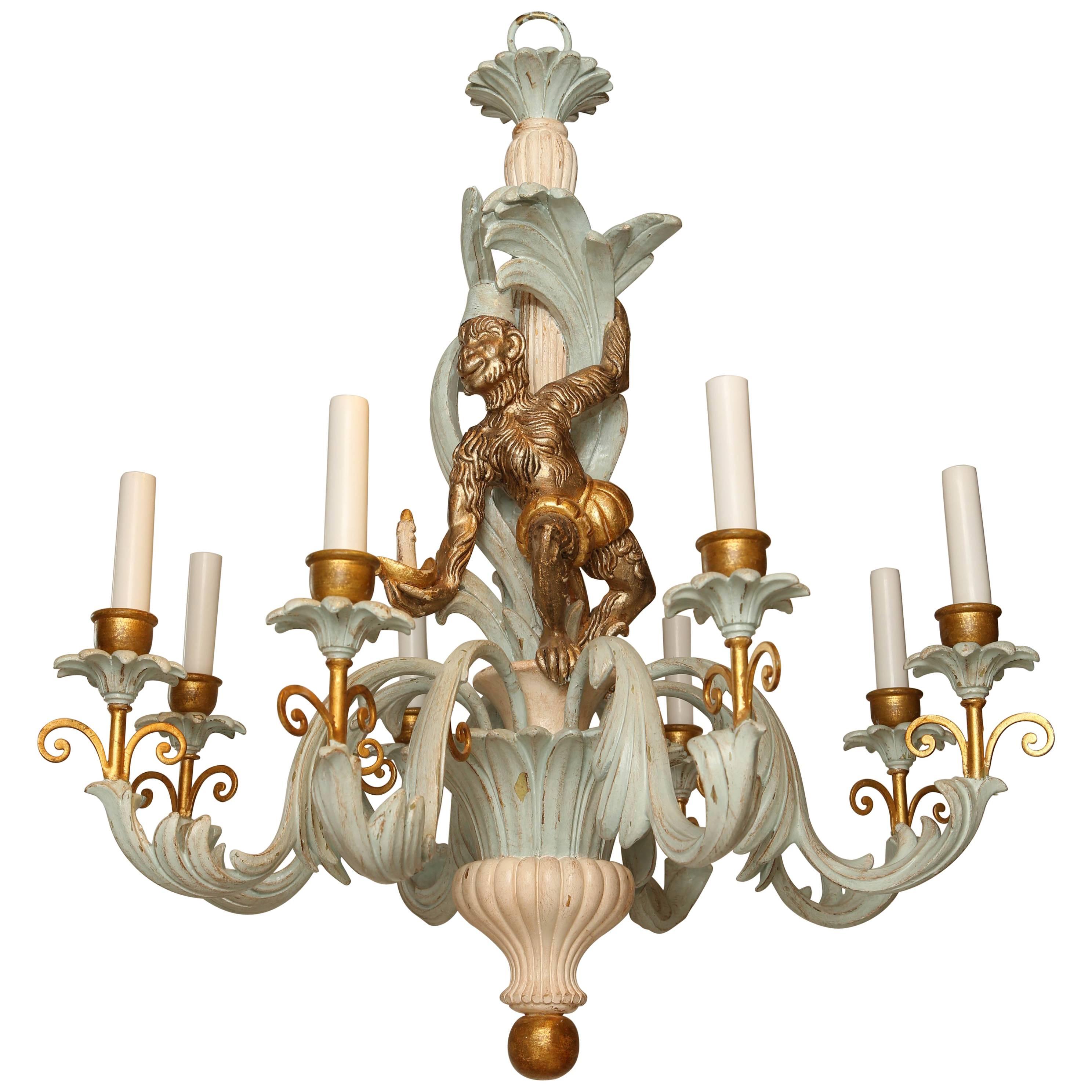 Italian Foliate Chandelier Carved with Whimsical Monkey
