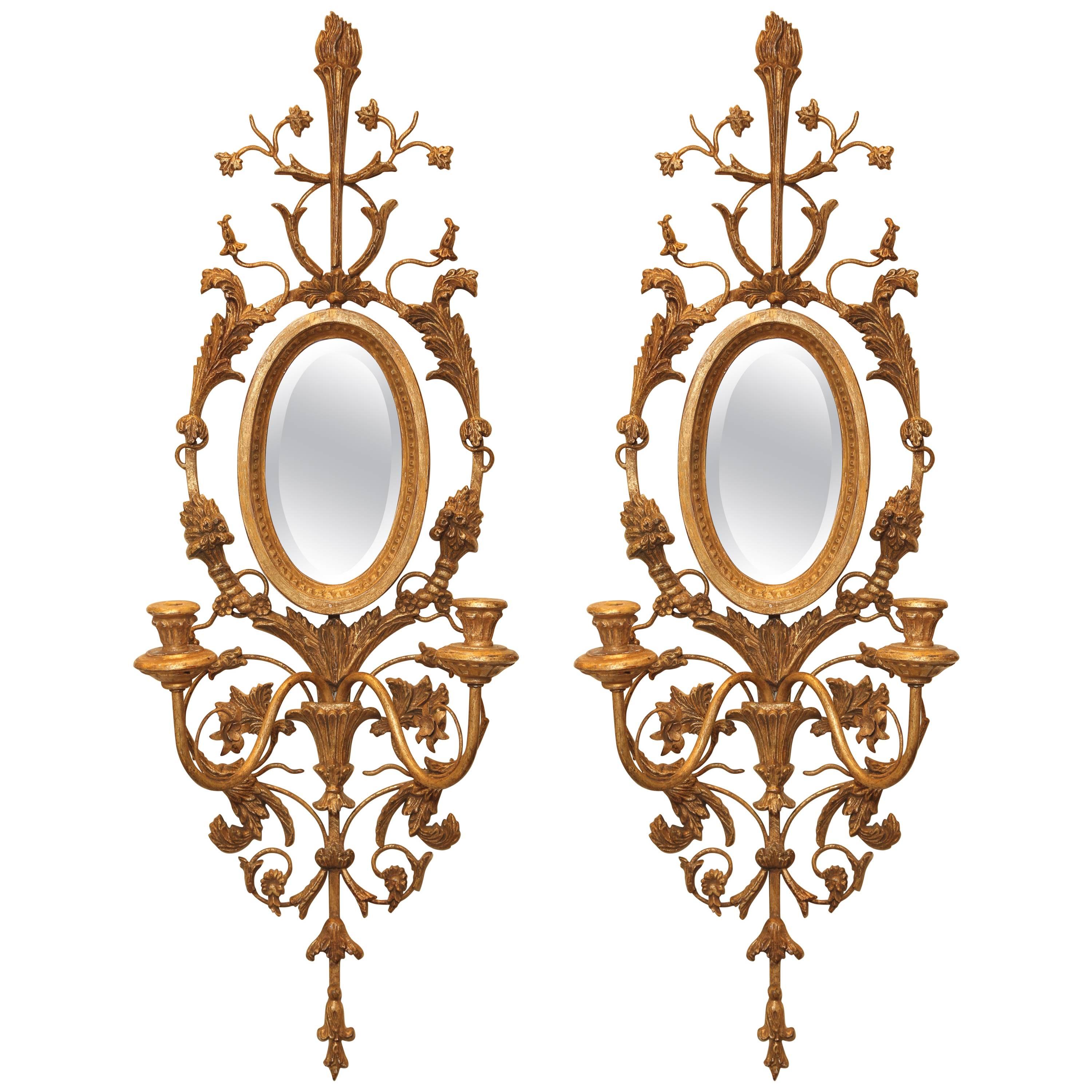 Pair of Italian Gilded Iron and Wood Foliate Sconces with Mirror Backplate