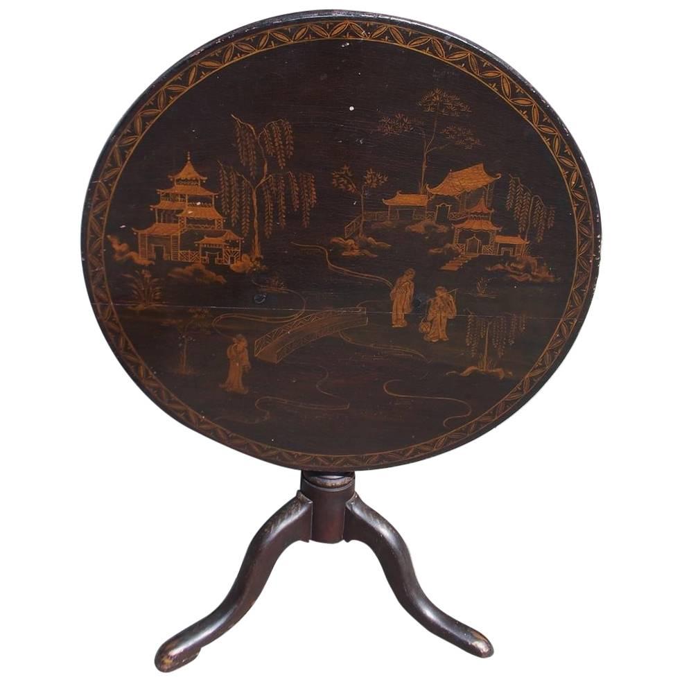 American Black Lacquer Japanned Figural Tilt-Top Table, Circa 1770