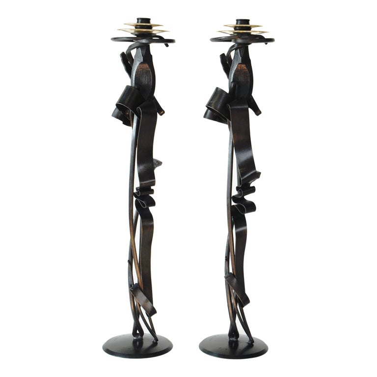 Contemporary Scepter Candleholder (pair) in Blackened Steel For Sale at