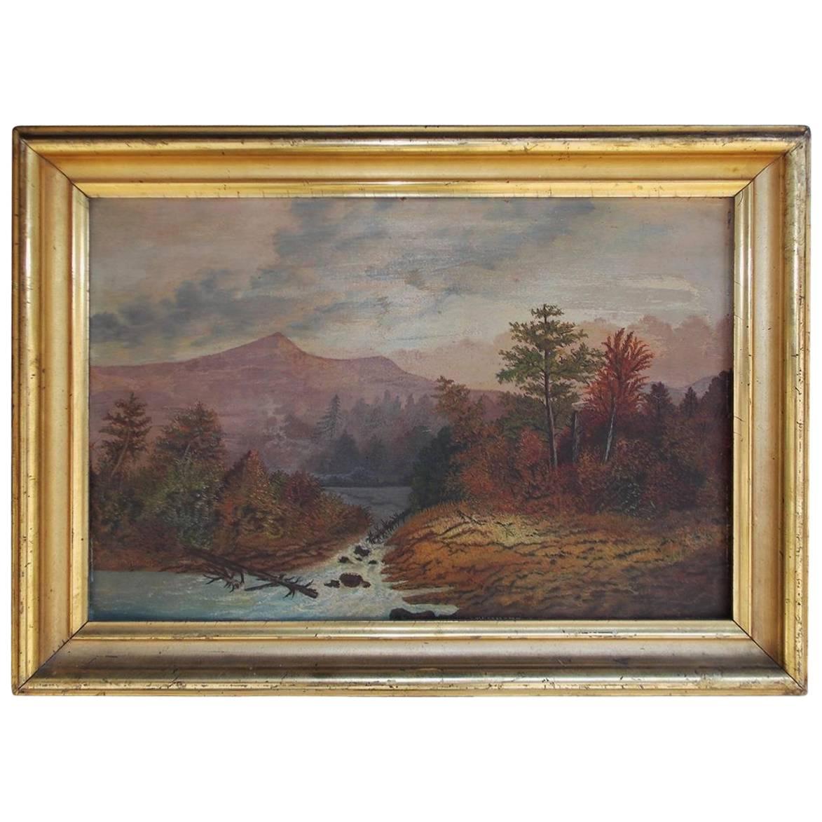 Amerikanische Ölgemälde, gerahmte Landschaft auf Akademieplatte, Hudson Valley, um 1820 im Angebot