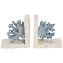 Authentic Blue Coral on Coquina Stone Bookends