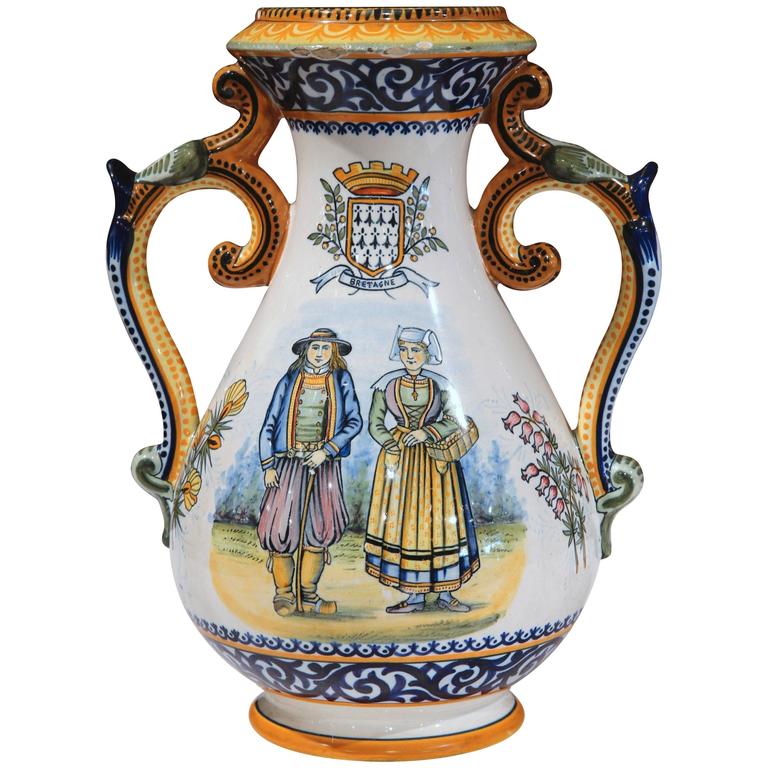 19th Century French HandPainted Faience Vase Signed Henriot Quimper at