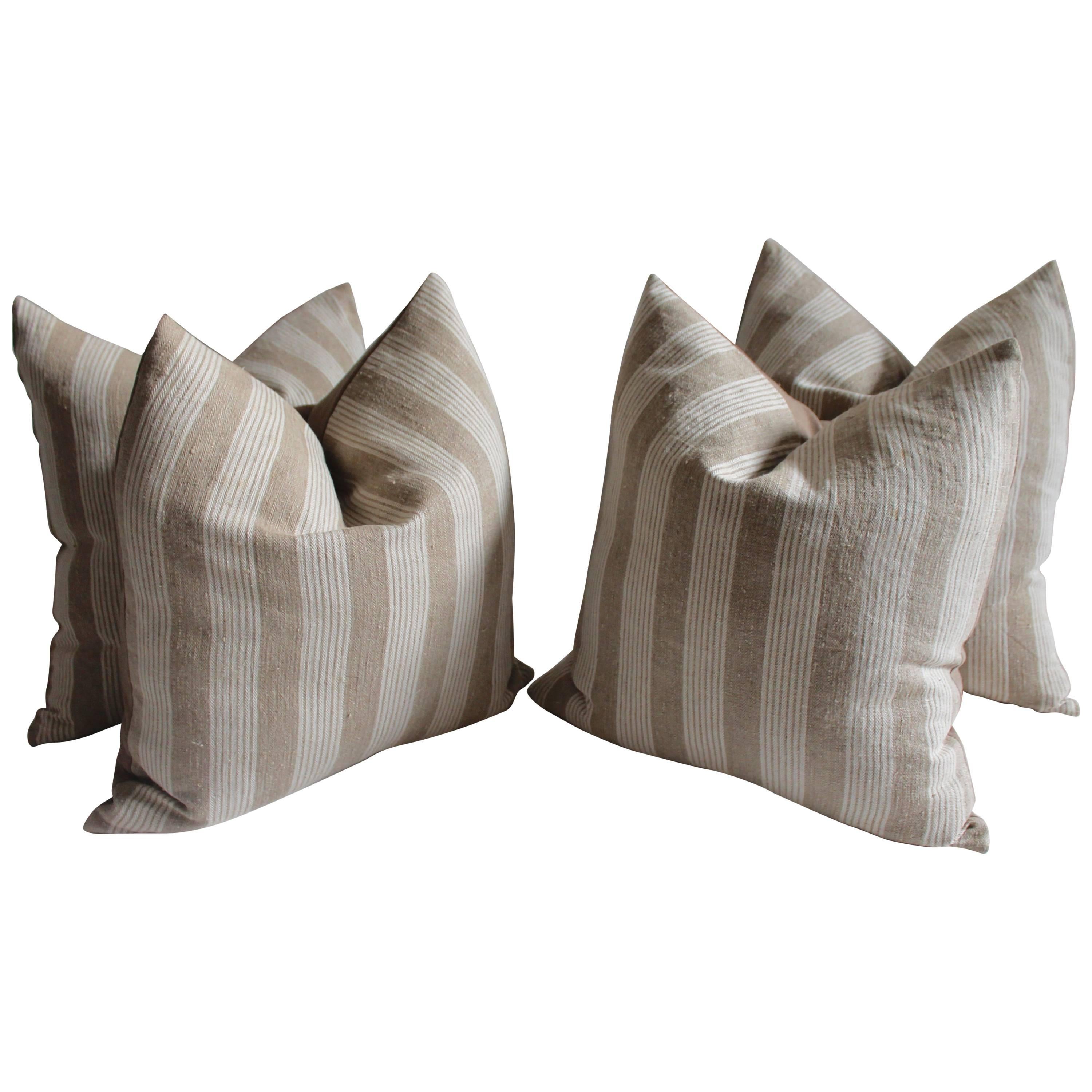 19th Century Homespun Striped  Linen Pillows, Pair For Sale