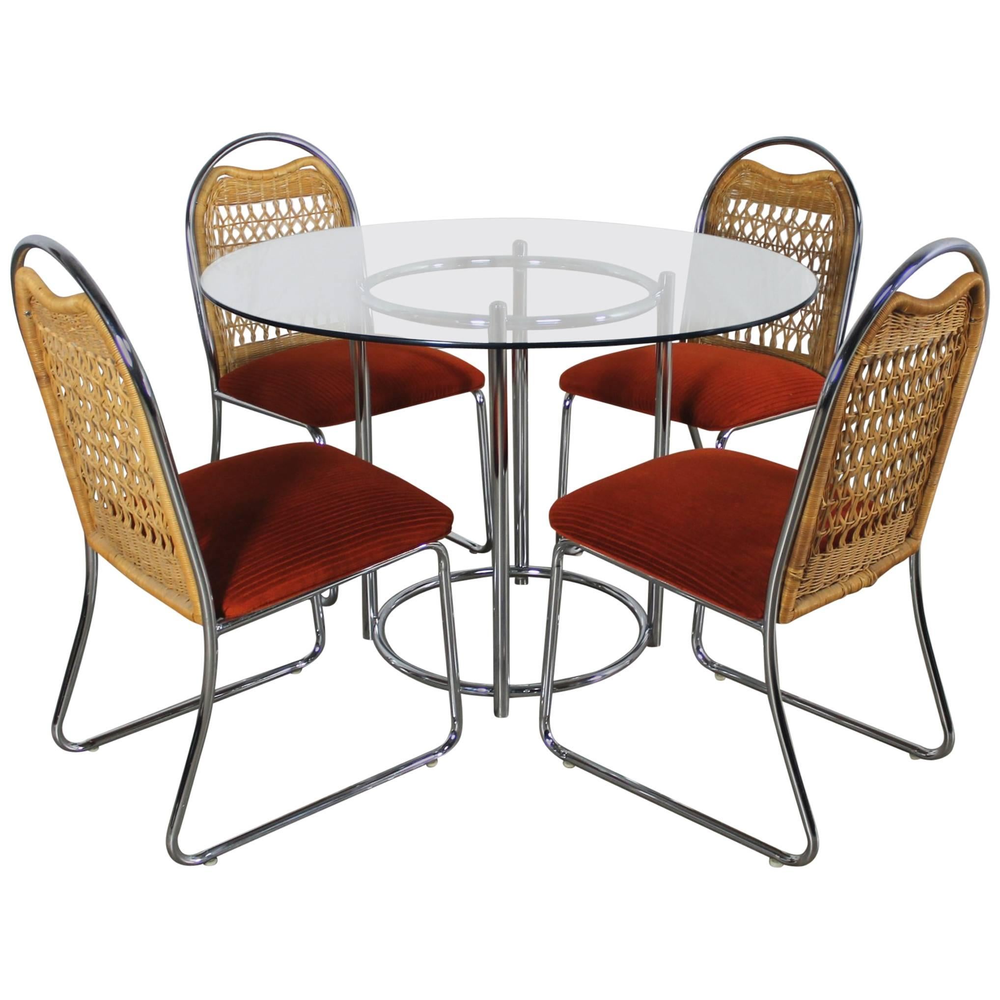 Mid-Century Daystrom Round Glass Chrome Dinette Table and Four Wicker Chairs
