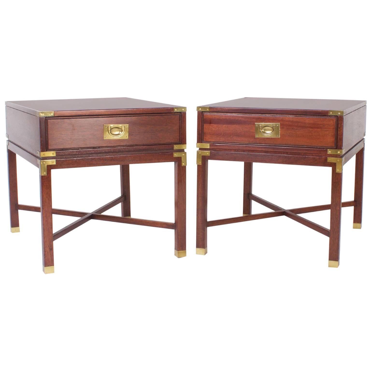 Pair of Mid-Century Mahogany Campaign Nightstands