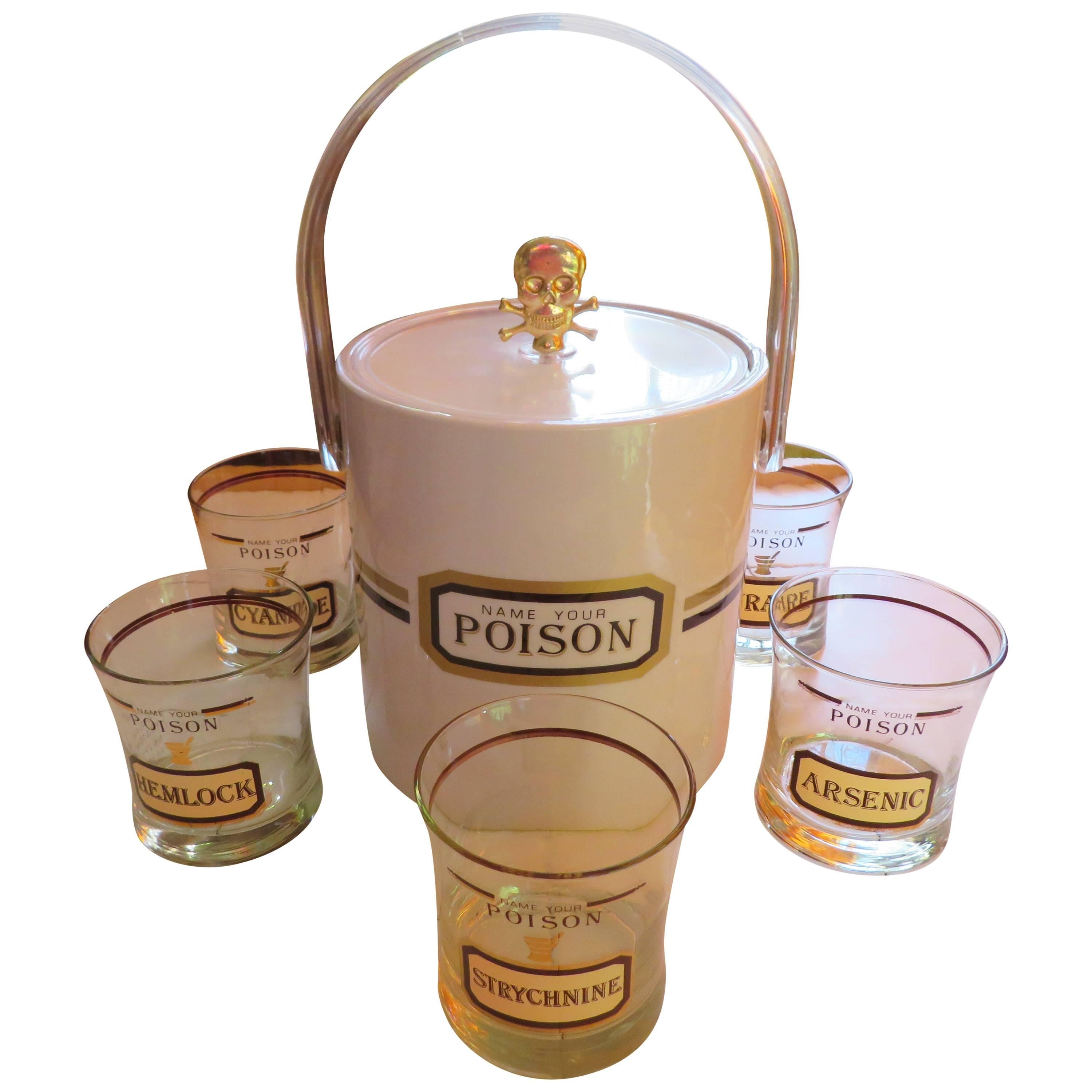 Fun Set of Six Name Your Poison Rocks Glasses Ice Bucket, Mid-Century Modern For Sale