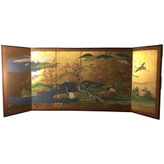 Japanese Antique Gold Birds and Cherry Trees Hand-Painted Screen