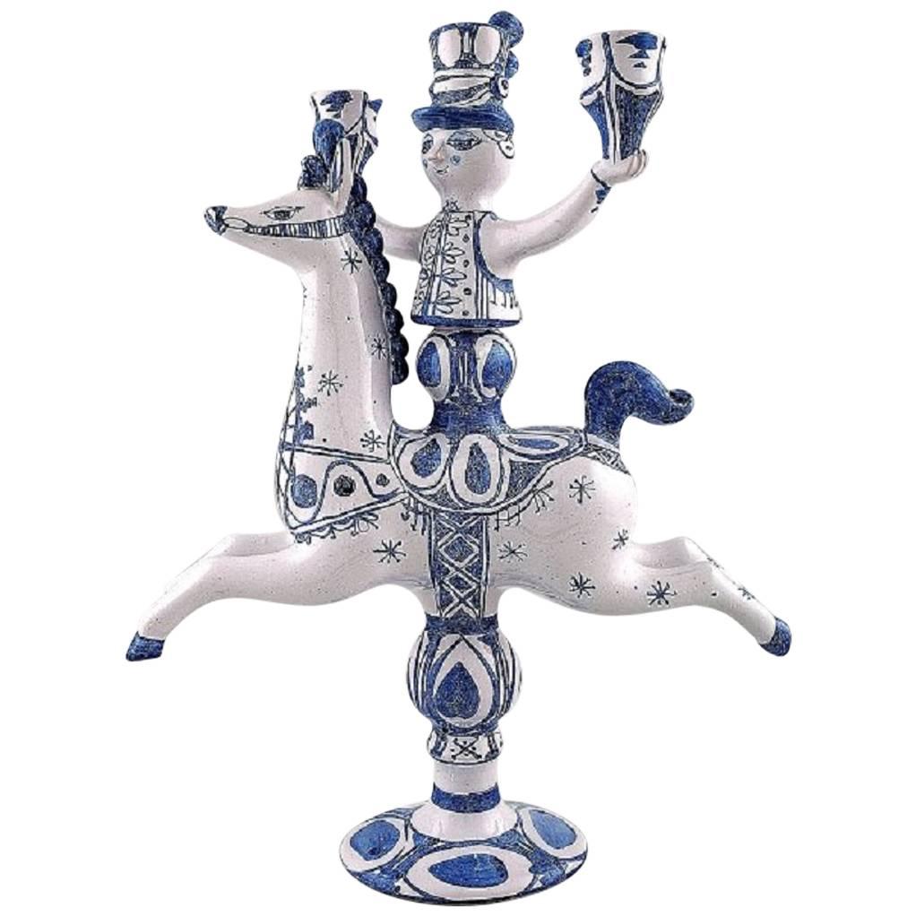 Bjørn Wiinblad Large Ceramic Figure from the Blue House. Figure and Candlestick