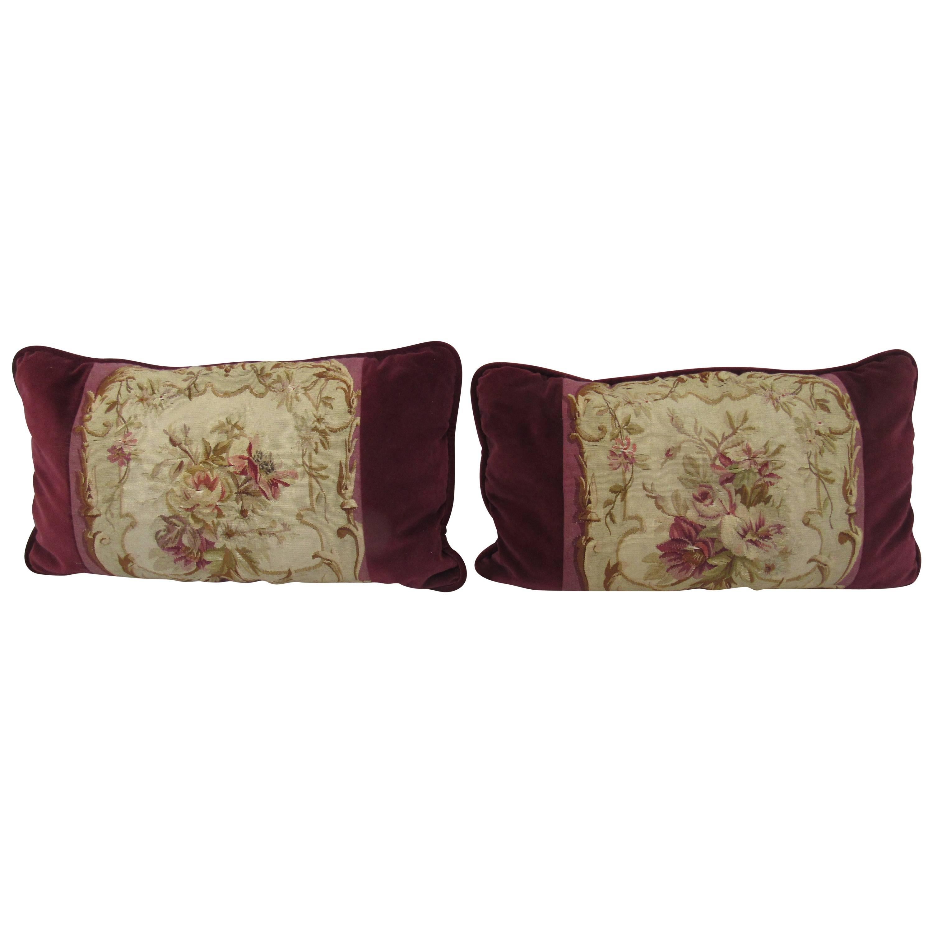 Two French Aubusson Tapestry and Burgundy Velvet Pillows 19th Century For Sale