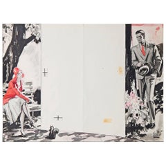 full spread illustration "Feeding the Squirrel, " Large, Elegant Art Deco Illustration Art, 2-Page Spread