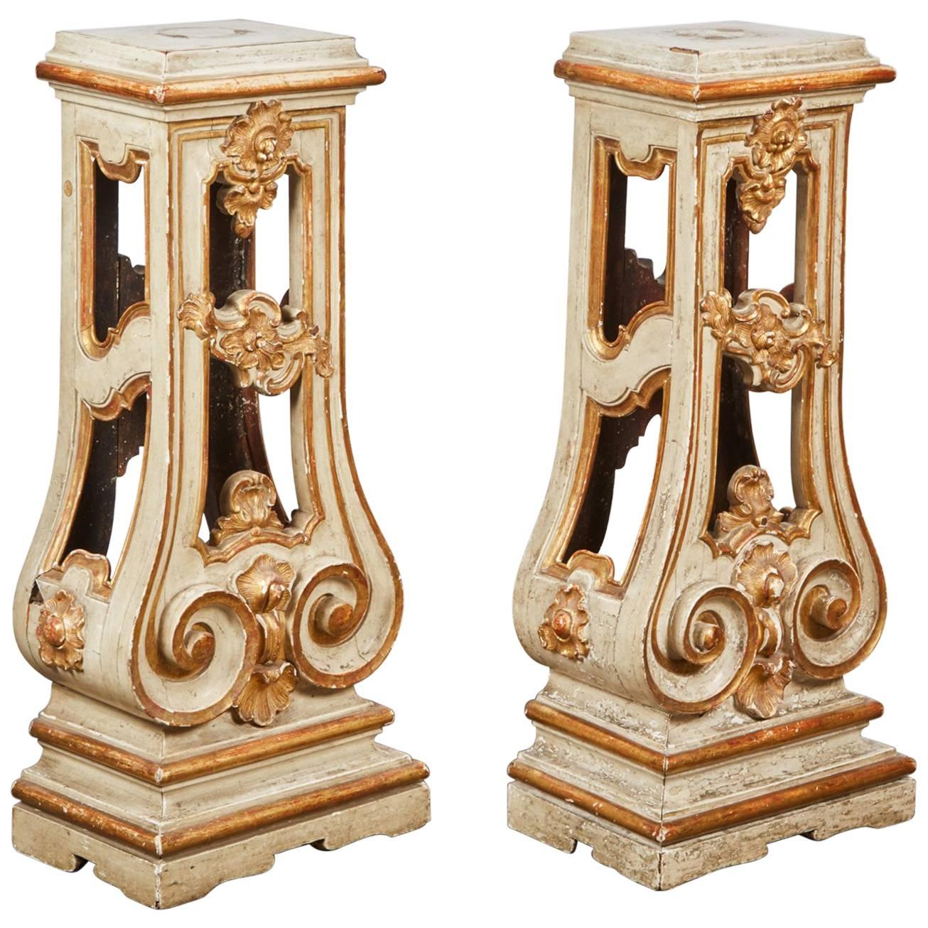 Pair of 18th Century Italian Rococo Cream Painted and Parcel Gilt-Pedestal